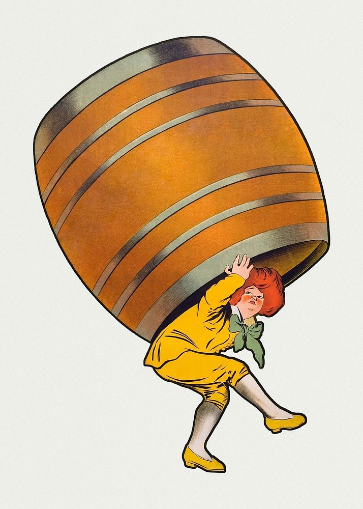 Boy psd carrying alcohol barrel print, remixed from artworks by Leonetto Cappiello