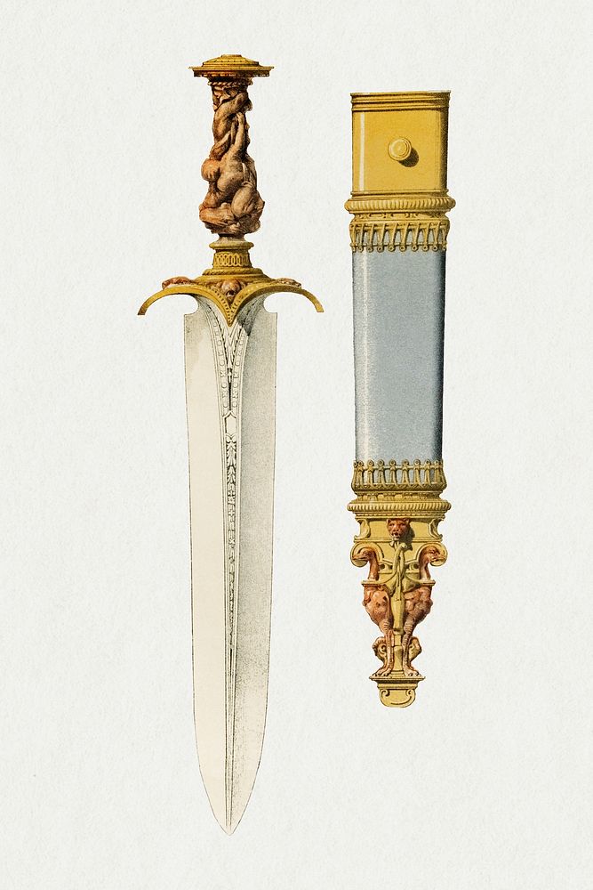 Ancient dagger illustration, melee weapon with sheath, remix from the artwork of Sir Matthew Digby Wyatt