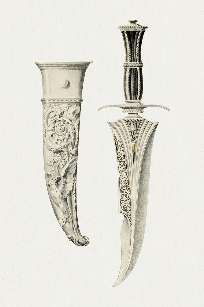 Ancient dagger illustration, melee weapon with sheath psd, remix from the artwork of Sir Matthew Digby Wyatt
