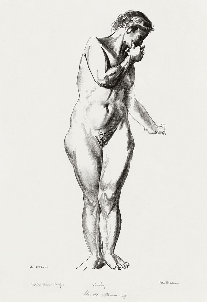 Nude study, girl standing with hand raised to mouth (1923&ndash;1924) print in high resolution by George Wesley Bellows.…
