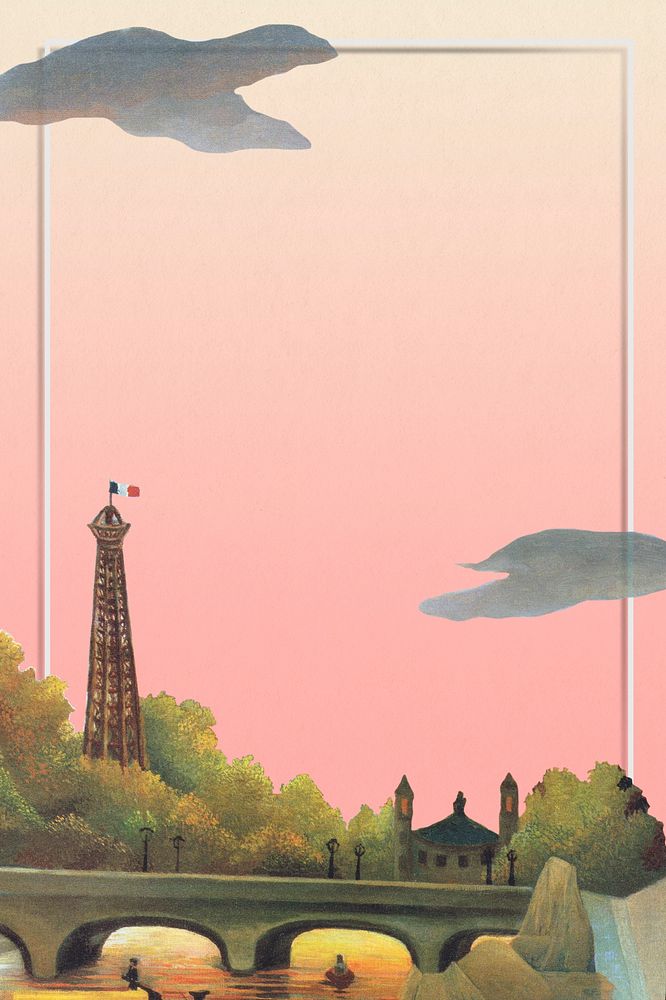 Paris frame psd famous painting, Eiffel-tower in the sunset, remixed from artworks by Henri Rousseau