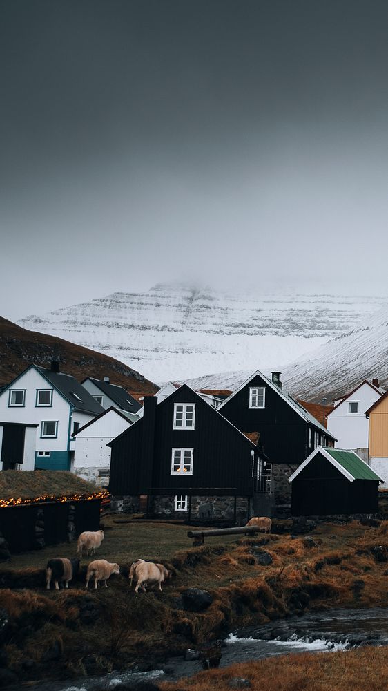Mobile wallpaper background, Nordic houses in Eysturoy, Faroe Islands, Denmark