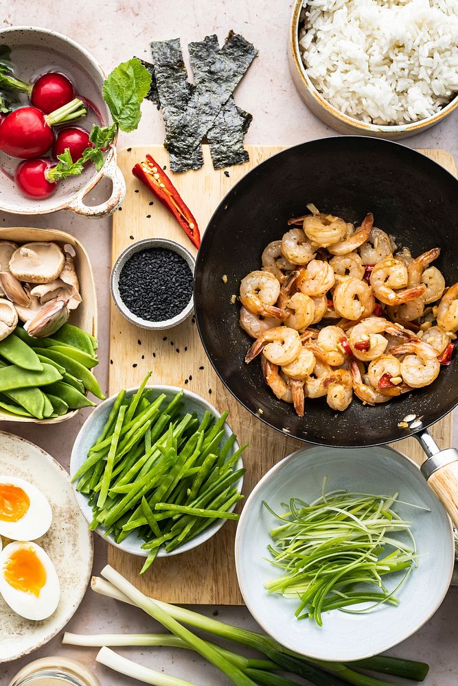 Seafood dish with egg and prawn flat lay photography