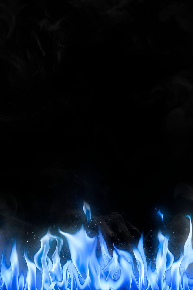 Black flame background, blue border realistic fire image psd