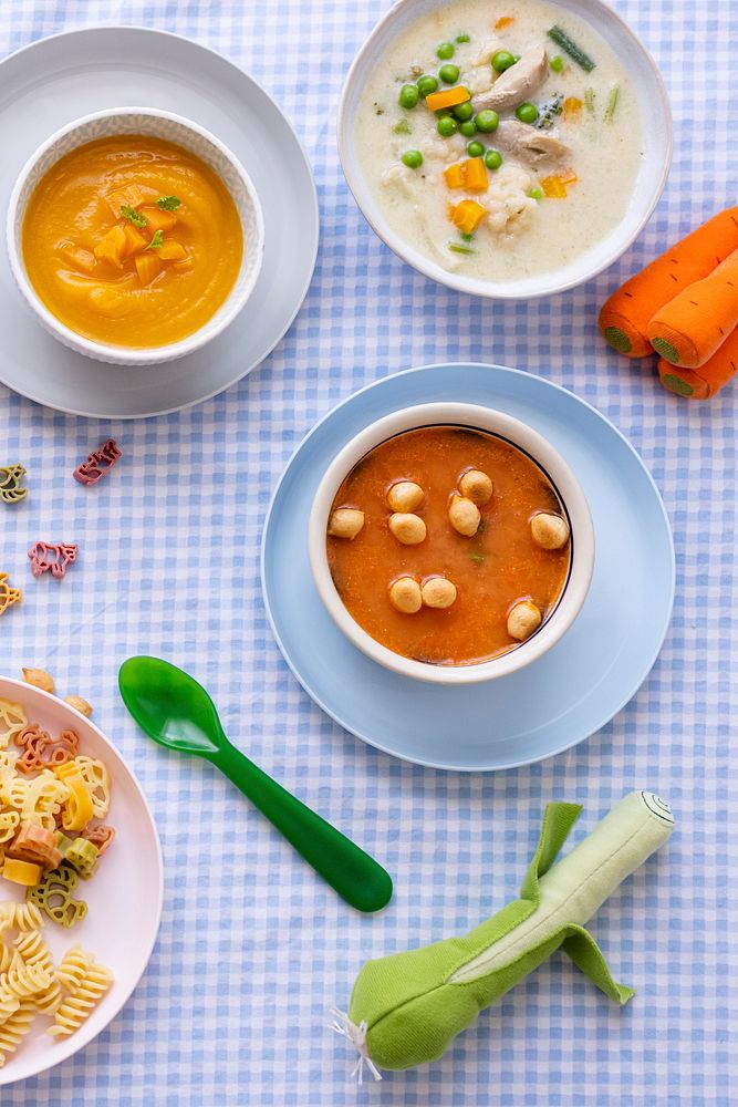 Kids food, carrot soup and chicken soup