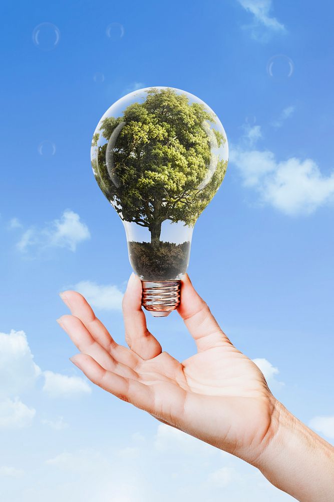 Sustainable energy campaign psd hand holding tree light bulb media remix