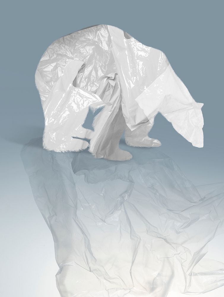 Climate change remix media psd plastic bag in polar bear shape