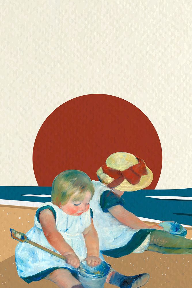 Beach background vector with children playing together, remixed from artworks by Mary Cassatt