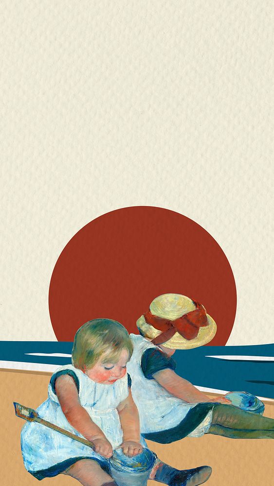Beach background psd with children playing together, remixed from artworks by Mary Cassatt