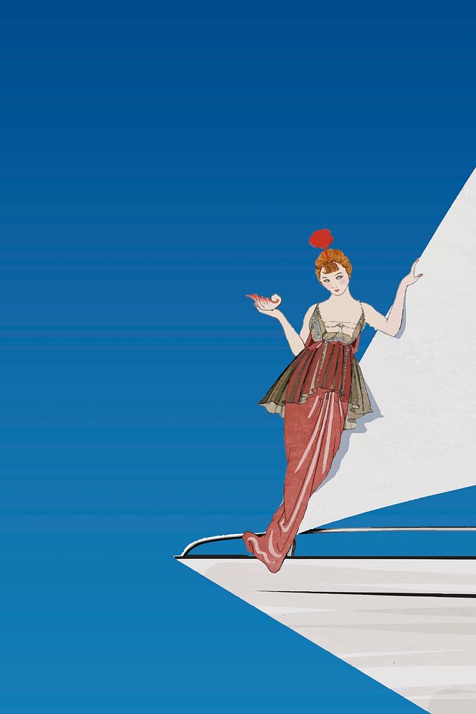 Vintage woman background vector on sailing boat, remixed from artworks by George Barbier