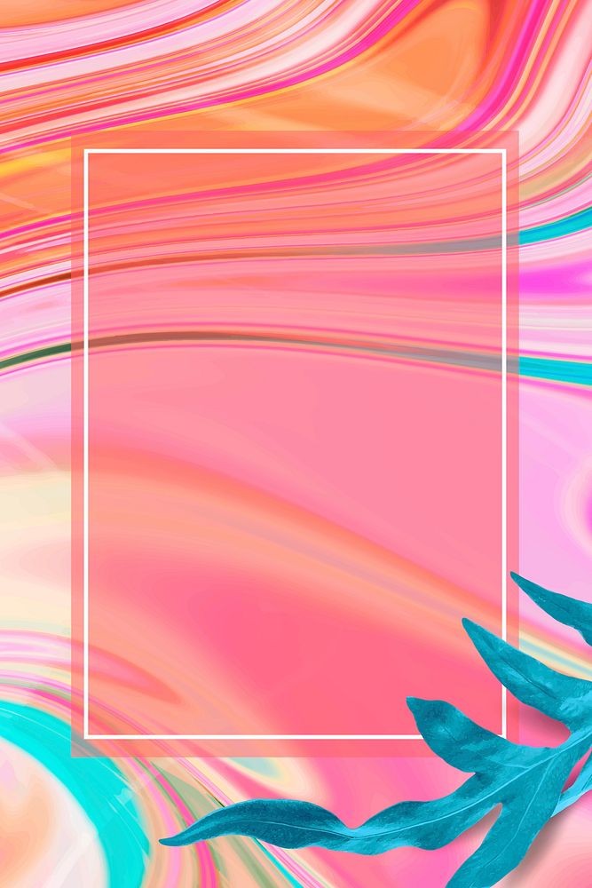 Colorful fluid art frame vector with leaf