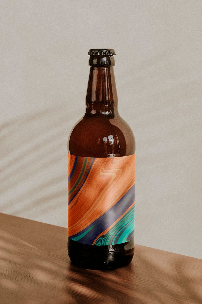 Abstract bottle label with colorful fluid art pattern