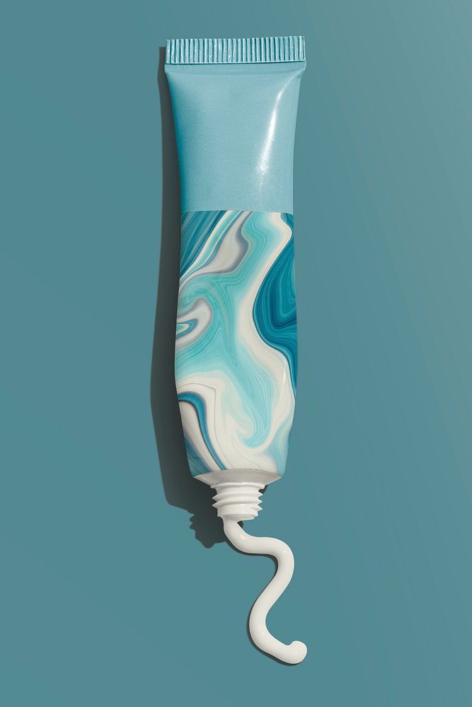 Cosmetic tube label with blue fluid art pattern