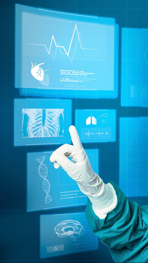 Hand in medical glove pointing to virtual screen medical technology