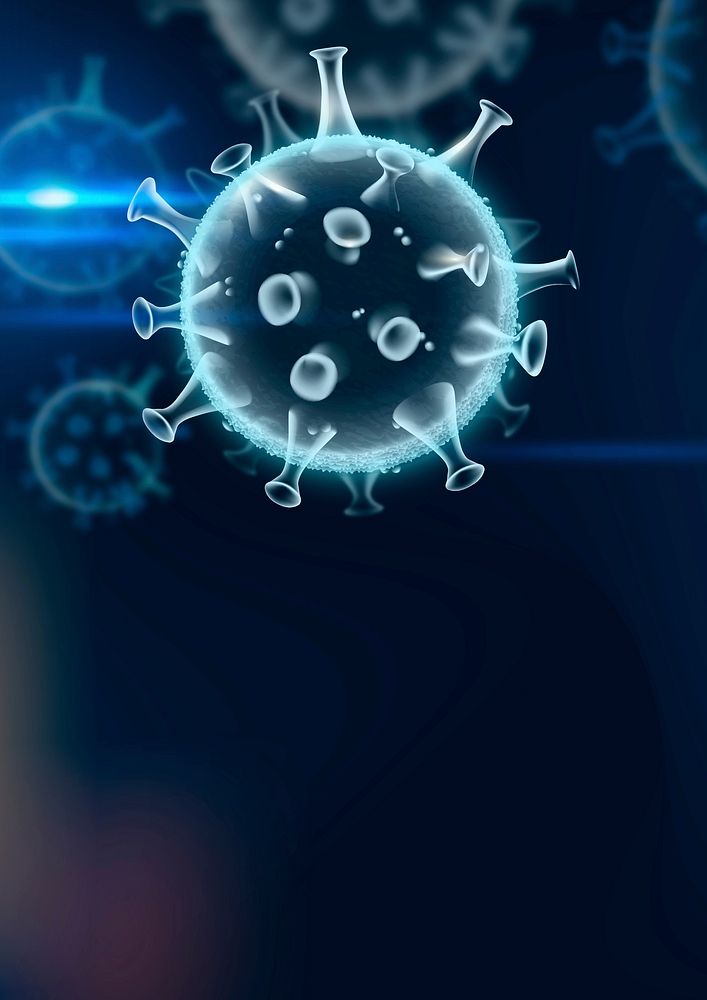 Covid-19 virus cell vector border background in neon blue with blank space