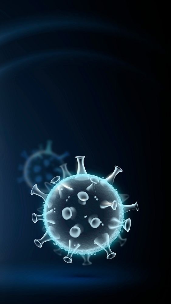 Covid-19 virus cell vector border background in neon blue with blank space