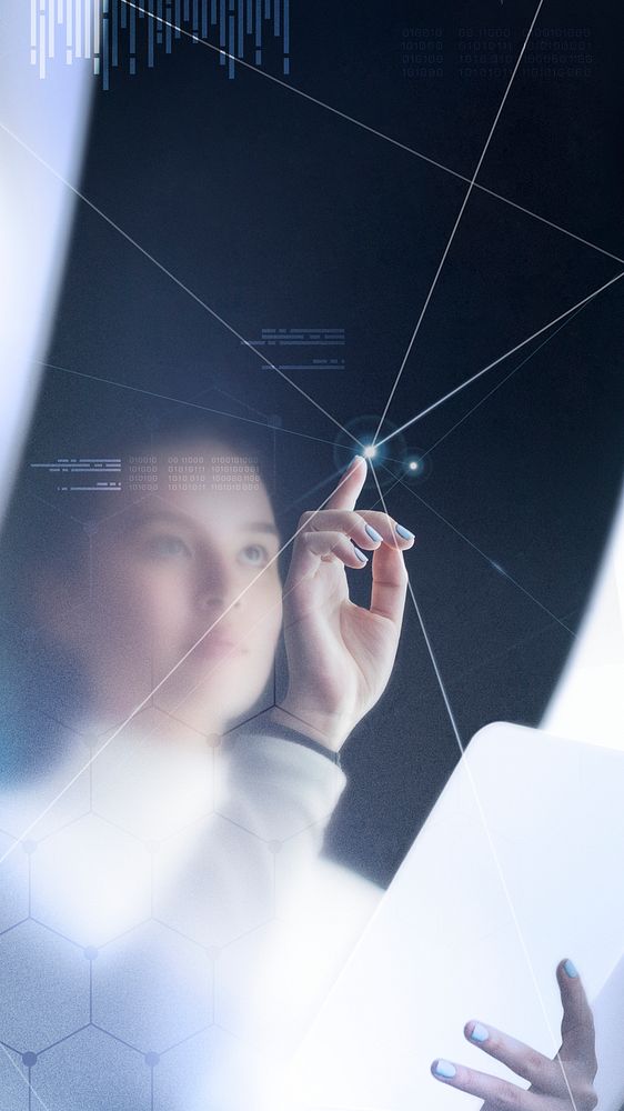 Futuristic networking technology remix with woman using virtual screen