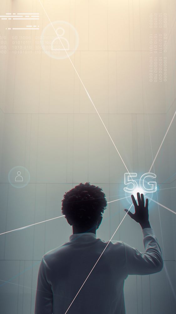 5G connection technology background with man using futuristic virtual screen digital remix