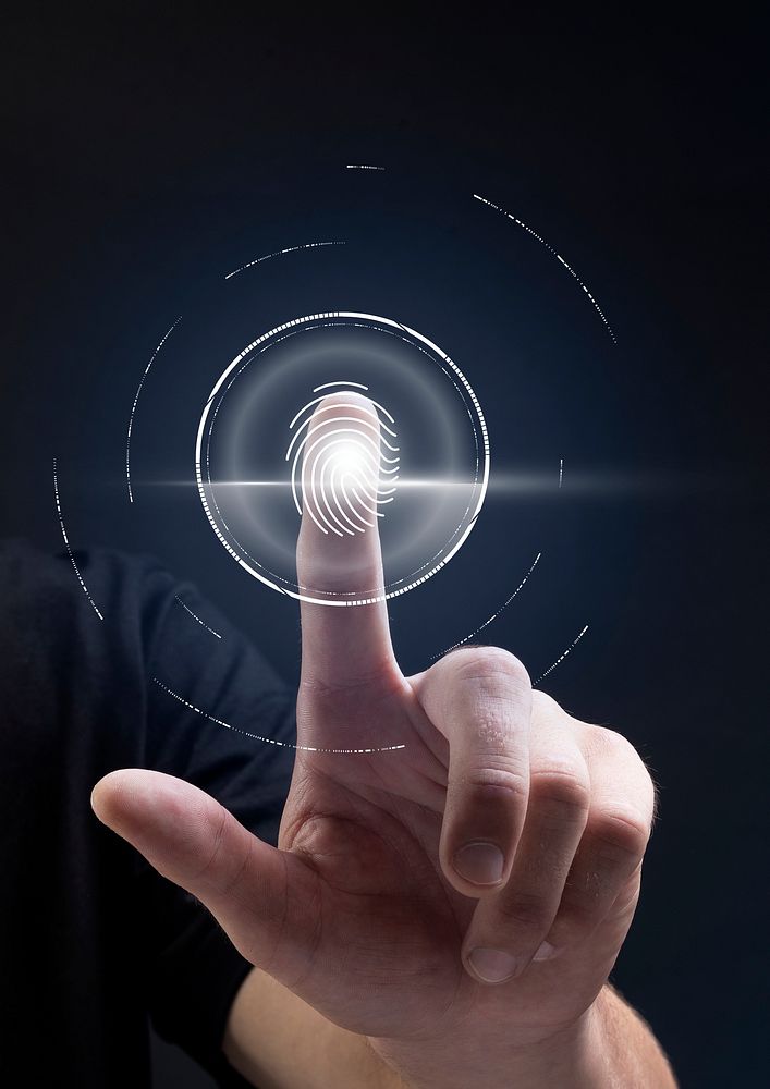 Biometric technology background with fingerprint scanning system on virtual screen digital remix