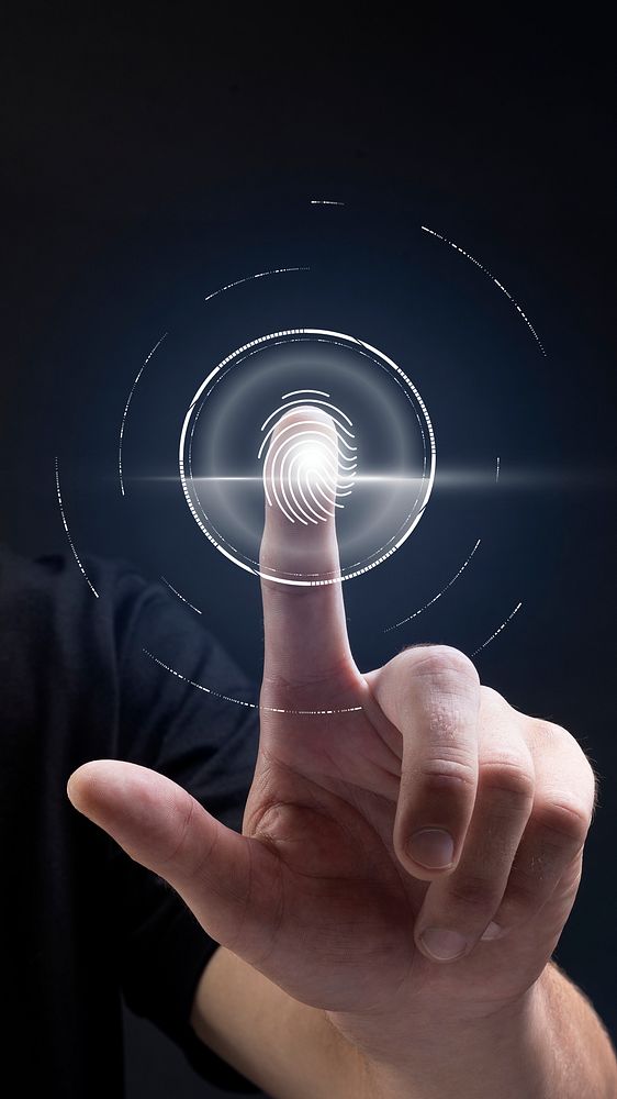 Biometric technology background with fingerprint scanning system on virtual screen digital remix