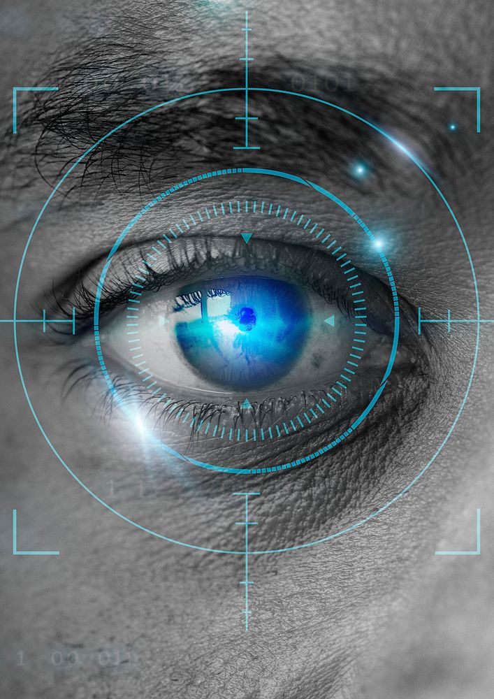 Retinal biometrics technology with man’s eye digital remix