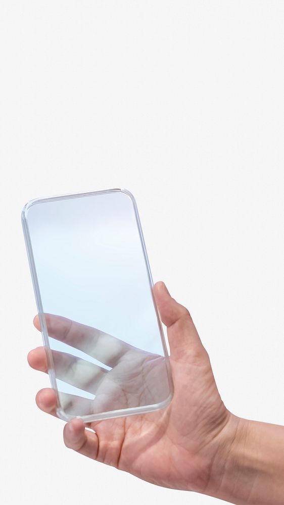 Hand holding transparent smartphone futuristic technology concept
