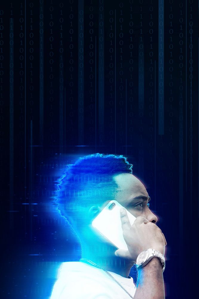 Man using smartphone with neon effect background