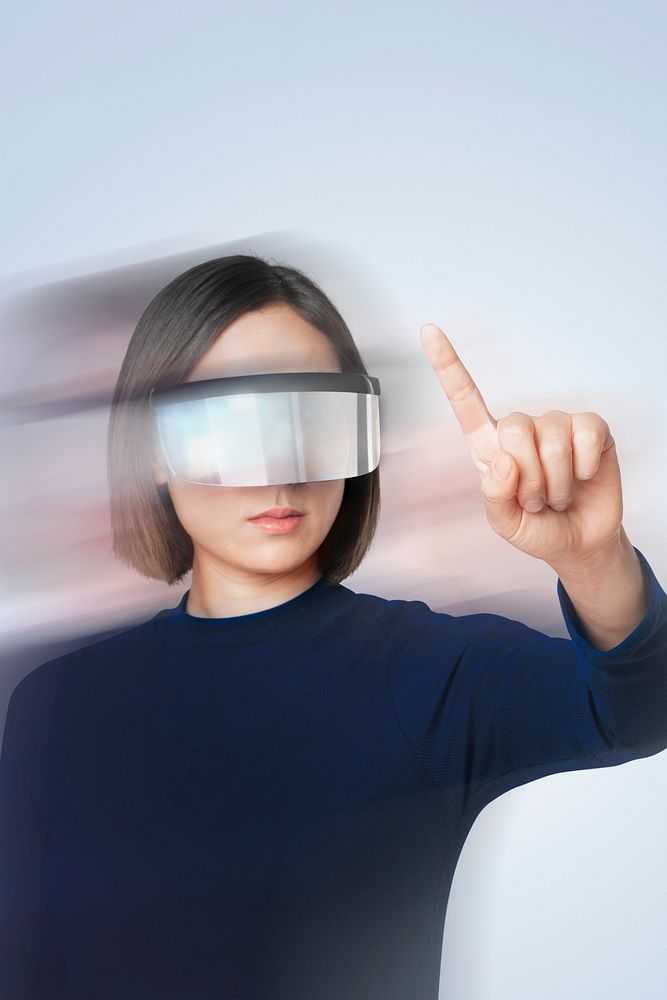 Woman wearing smart glasses double exposure effect on technology theme