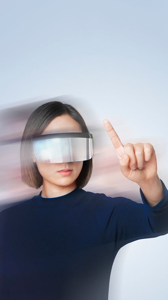 Woman psd wearing smart glasses double exposure effect on technology theme