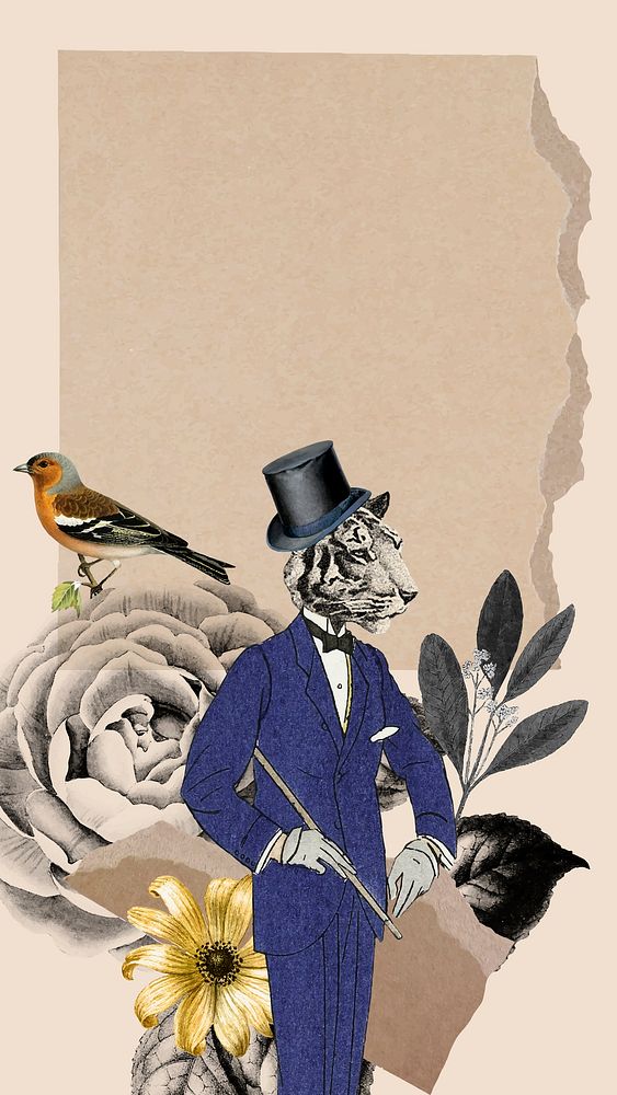Collage phone wallpaper vintage frame background, vector animal collage mixed media art