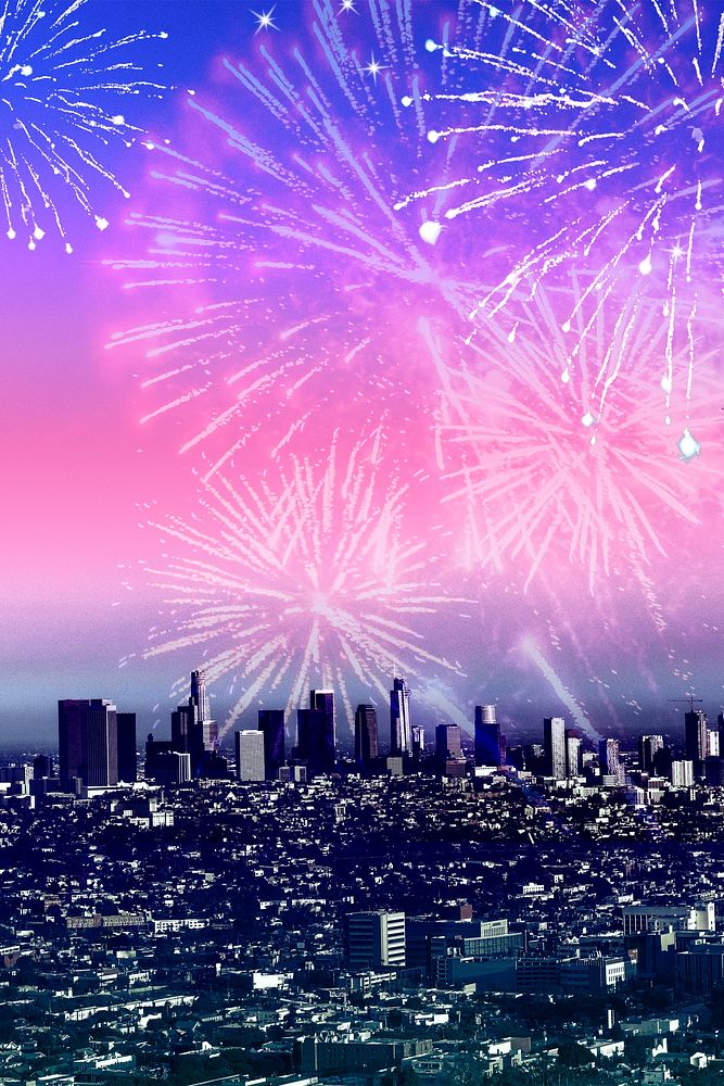 New year background vector, fireworks celebration over city at night design