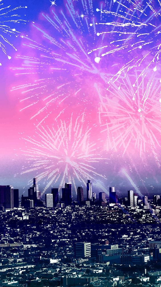 Firework mobile wallpaper vector, new year celebration, pink sky