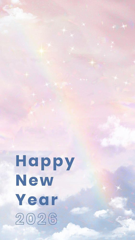 Pastel new year 2026 greeting, social media post design, aesthetic pink sky background