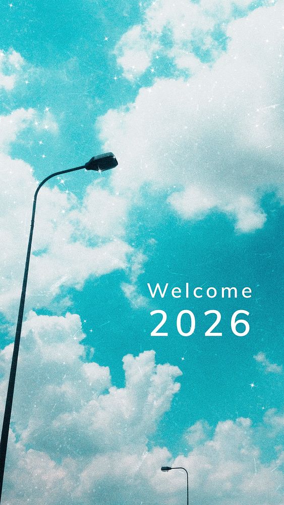 Welcome 2026, new year greeting, social media post design, cloudy sky background