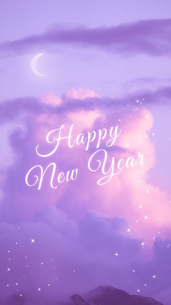 Aesthetic new year greeting, Facebook story design, purple sky background