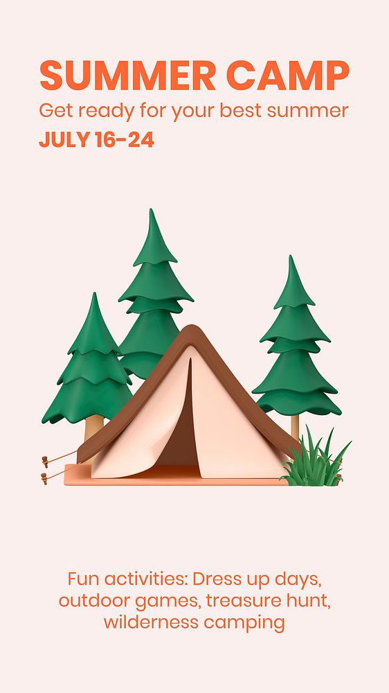 Summer camp Instagram story template, 3D design vector
