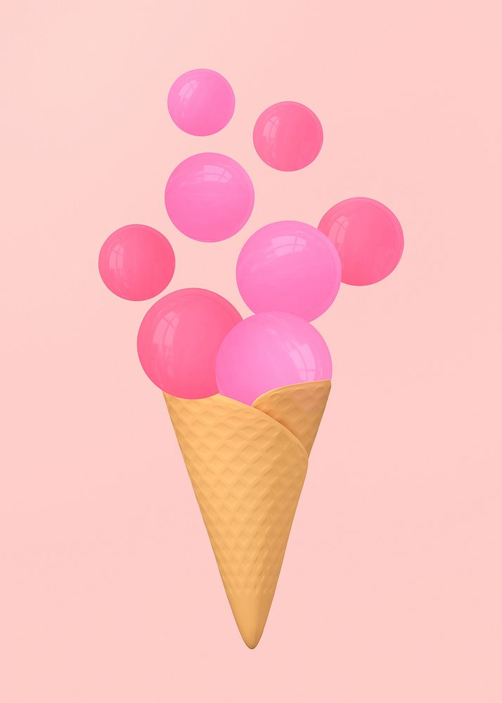 3D ice cream collage element, strawberry dessert design psd
