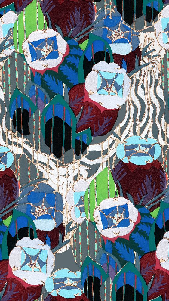 Blue exotic phone wallpaper, flower pattern, art deco, high resolution background