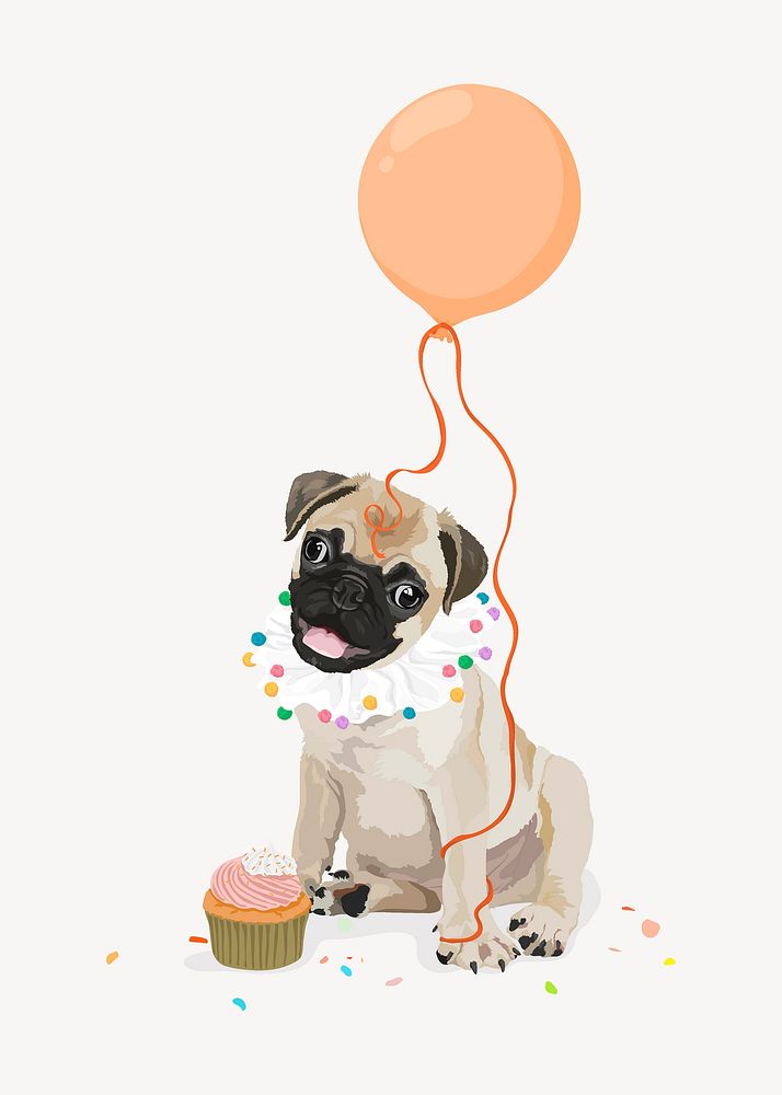 Pug puppy, party balloon and cupcake illustration vector