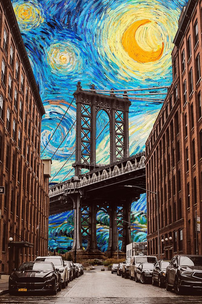 Brooklyn bridge background, Starry Night mixed media, remixed by rawpixel