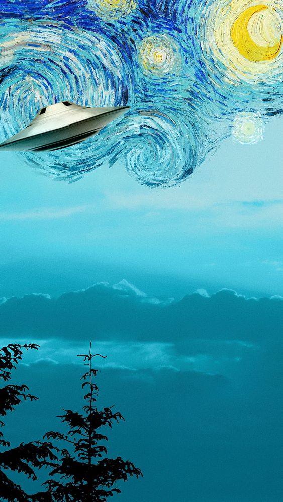 UFO Starry Night mobile wallpaper, vintage artwork remixed by rawpixel 