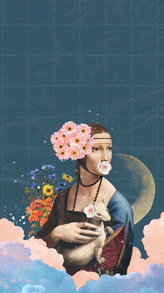 Phone wallpaper, Lady with an Ermine, Da Vinci's famous painting remixed by rawpixel