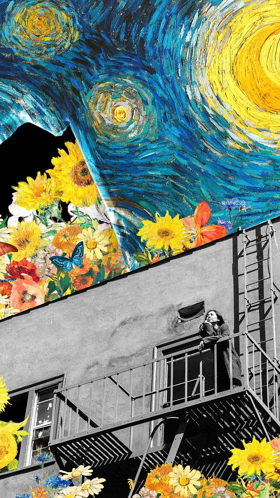 Phone wallpaper, Starry Night mixed media, Van Gogh's artwork remixed by rawpixel