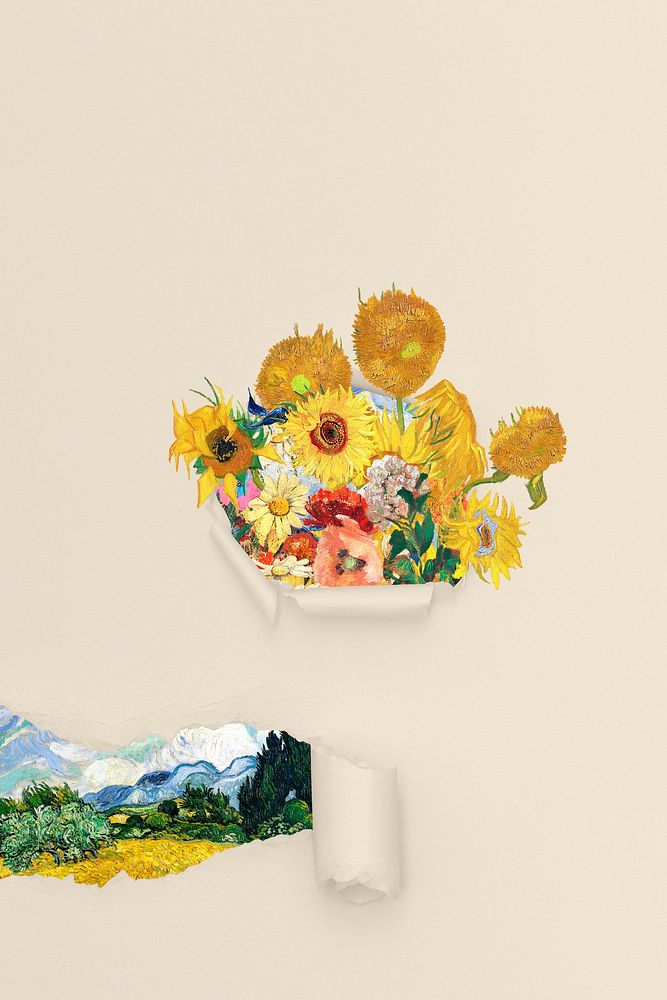Sunflower torn paper background, Van Gogh's artwork remixed by rawpixel