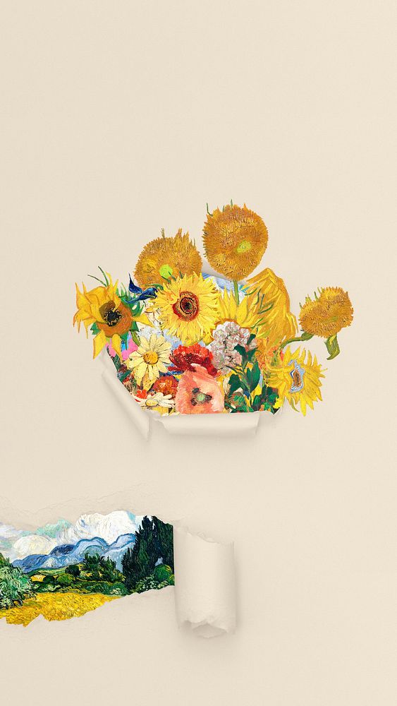 Sunflower torn paper mobile wallpaper, Van Gogh's artwork remixed by rawpixel