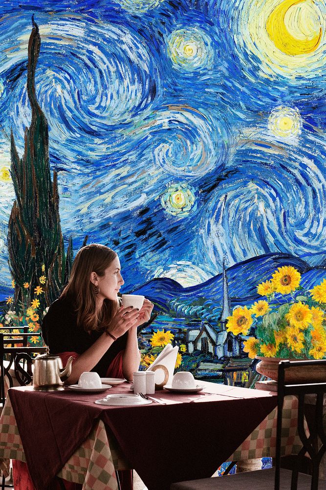 Starry Night, woman at terrace mixed media, remixed by rawpixel psd