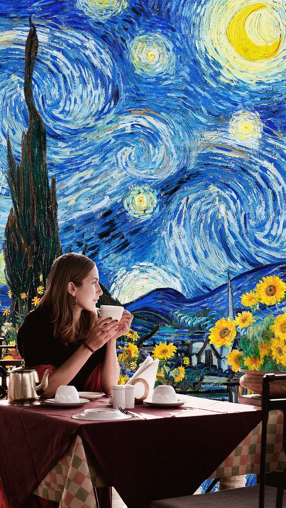 Starry Night iPhone wallpaper, woman at terrace, Van Gogh's artwork remixed by rawpixel
