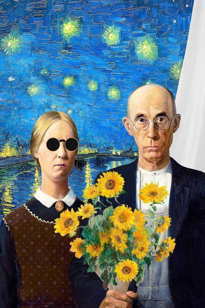 American Gothic mixed media background, Grant Wood's artwork remixed by rawpixel