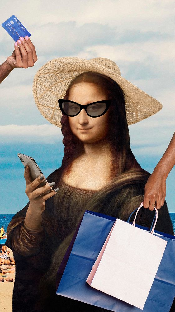 Mona Lisa shopping mobile wallpaper, Da Vinci's famous painting remixed by rawpixel