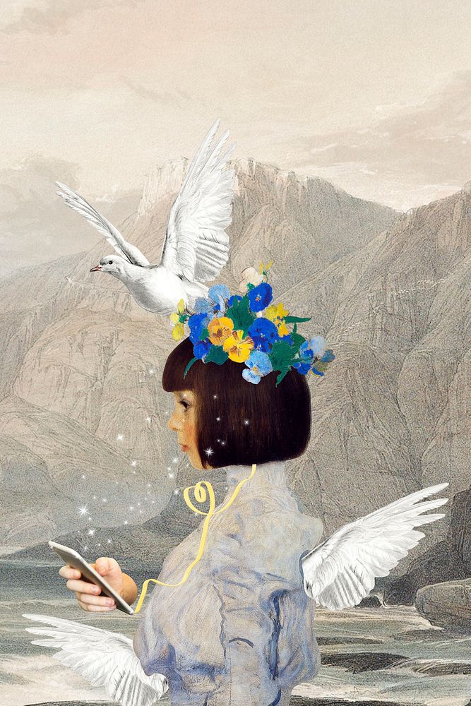 Angel mixed media background, Gustav Klimt's artwork remixed by rawpixel
